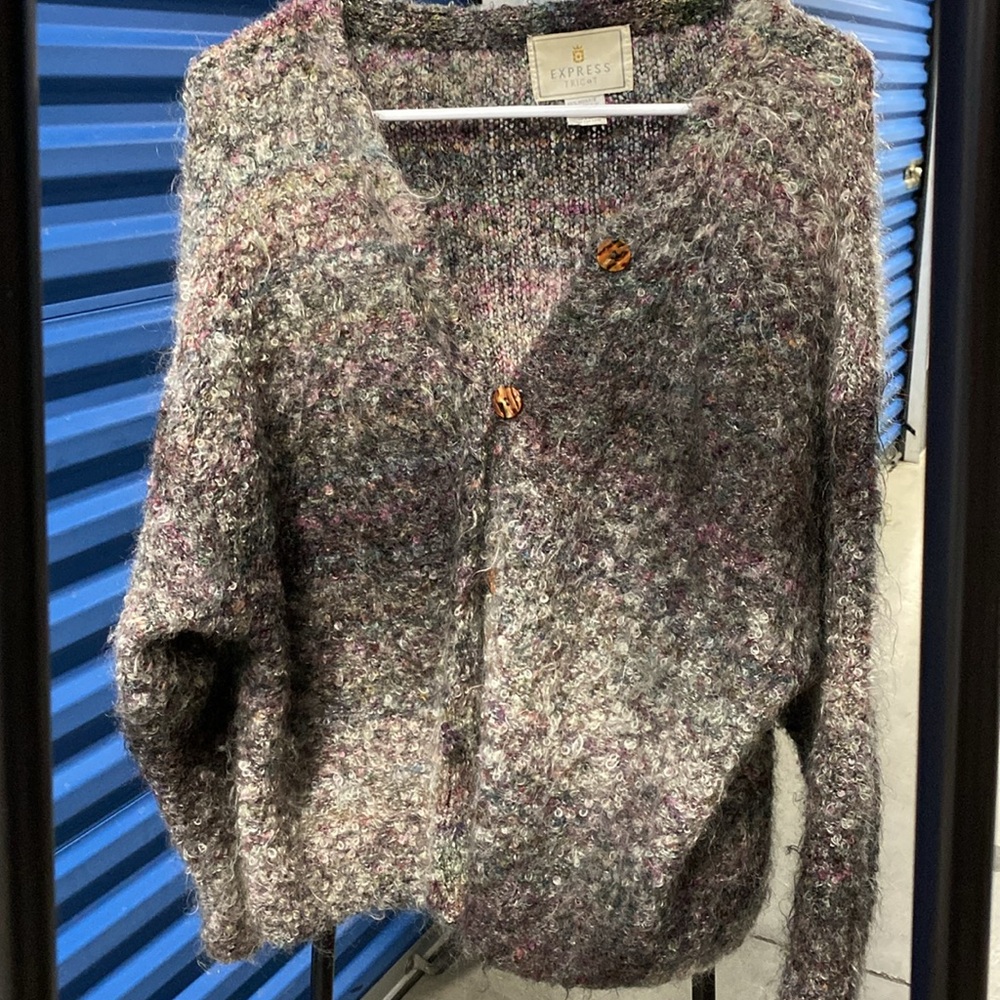 Vintage express button down cardigan grandpa sweater purple gray medium